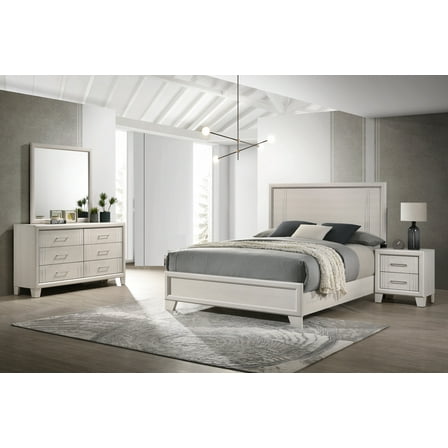 Beautiful Lustrous White Cream Finish Queen Size Panel Bed Wooden 5pc Bedroom Set