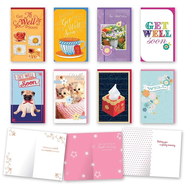 Assorted Get Well Cards Bulk Card Set of 8 Cards with Envelopes. Large