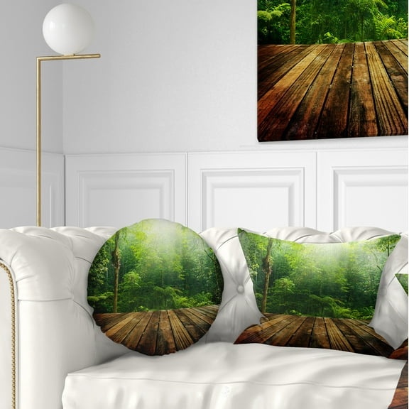 Designart Green Forest with Ray of Light - Landscape Photo Throw Pillow - 12x20