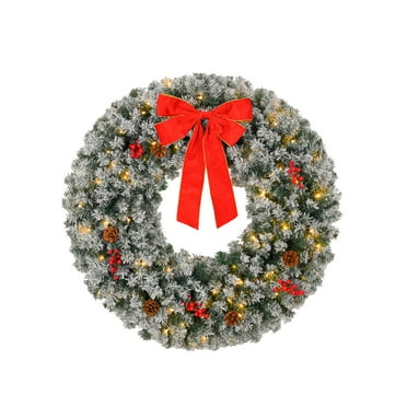 24in Pre-lit Battery Powered Christmas Wreath with Remote, Lighted Snow Flocked Artificial Xmas Wreath with 50 Warm Lights and 180 Tips and Ornaments