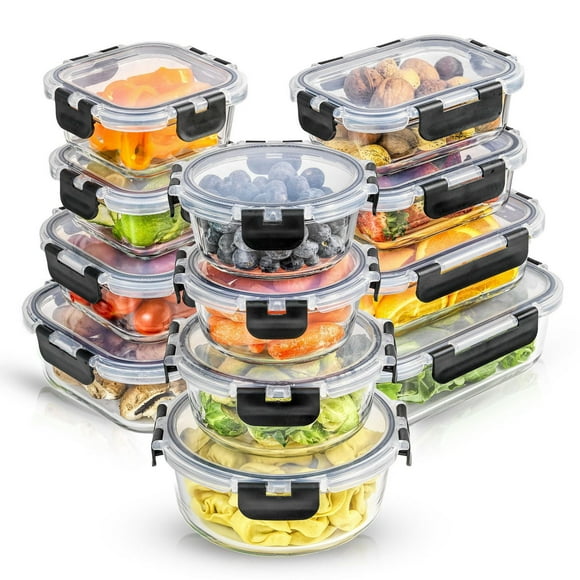 Ensemble de 24 Contenants en Verre avec Couvercles Étanches JoyFul par JoyJolt – Noir