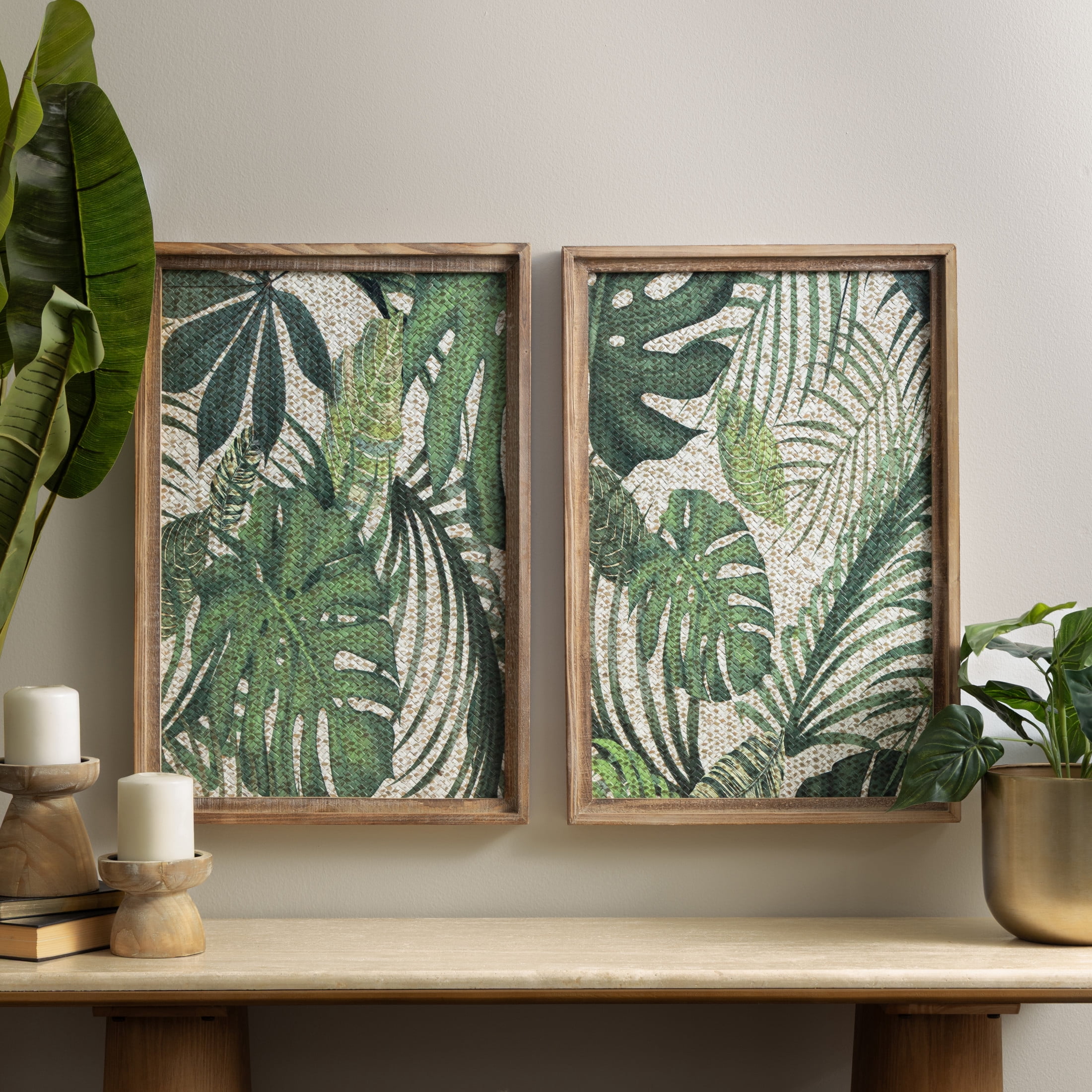 DecMode Green Wood Tropical Leaf Wall Decor with Brown Frame (2 Count)