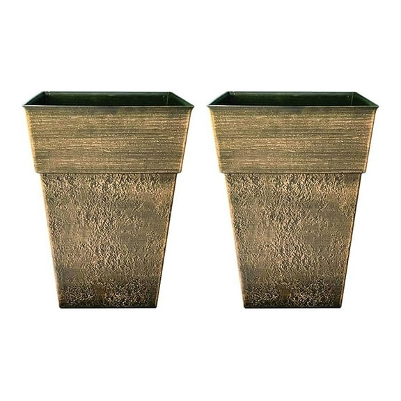 Avino 13 Inch Square Plastic Flower Planter Pots (2 Pack) - Outdoor Garden Pots for Patio, Porch, Deck, Balcony - Celtic Bronze