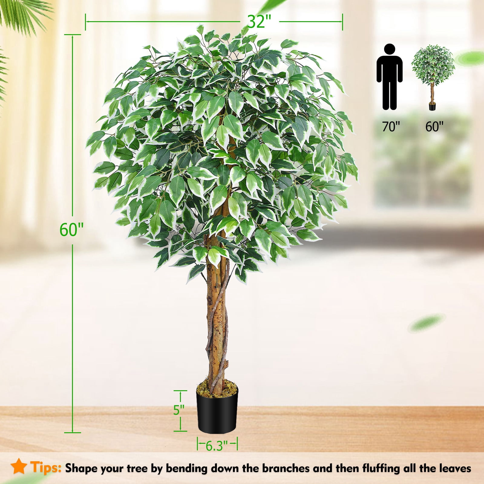 5ft Ficus Artificial Trees with 3 Natural Curved Trunks, 60" Tall Lush Faux Tree for Home Decor Indoor, Green Lifelike Fake Ficus Tree