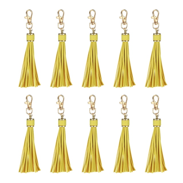 10pcs Borlas de Cuero PU, Charm de Borla de 6" con Gancho Giratorio para Hacer Joyería (Amarillo Claro)