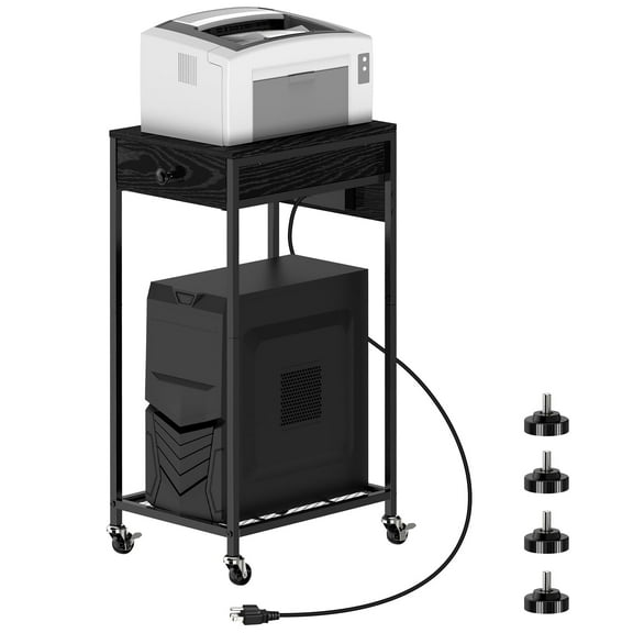 BTY Black Mobile Printer Stand with Power Outlets & USB Ports, 2-Tier Rolling Office Cart with Drawer – Heat-Dissipating Mesh Shelf for Printer/PC Tower