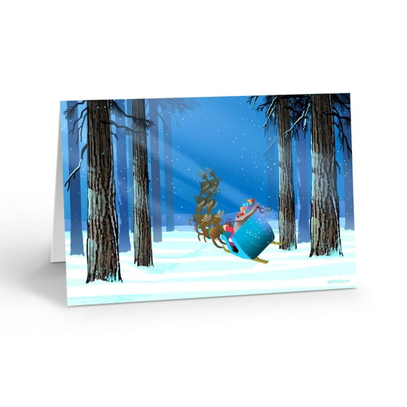 Santa Flying Through the Forest Holiday Card - 18 Holiday Cards & 19 Envelopes -