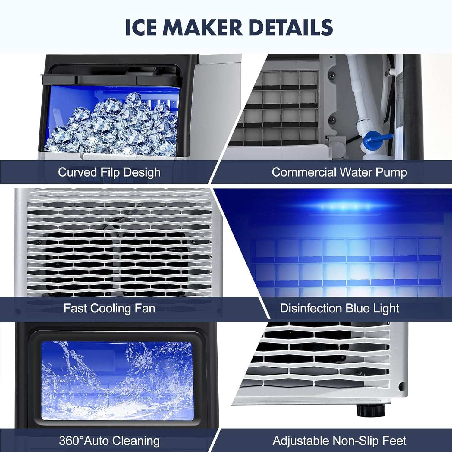 Commercial Ice Maker Machine, 80LBS/24H Under Counter Ice Maker, Stainless Steel Freestanding Ice Machine with 22LBS Bin, Self-Cleaning, Scoop, Ideal for Home Bar Offices
