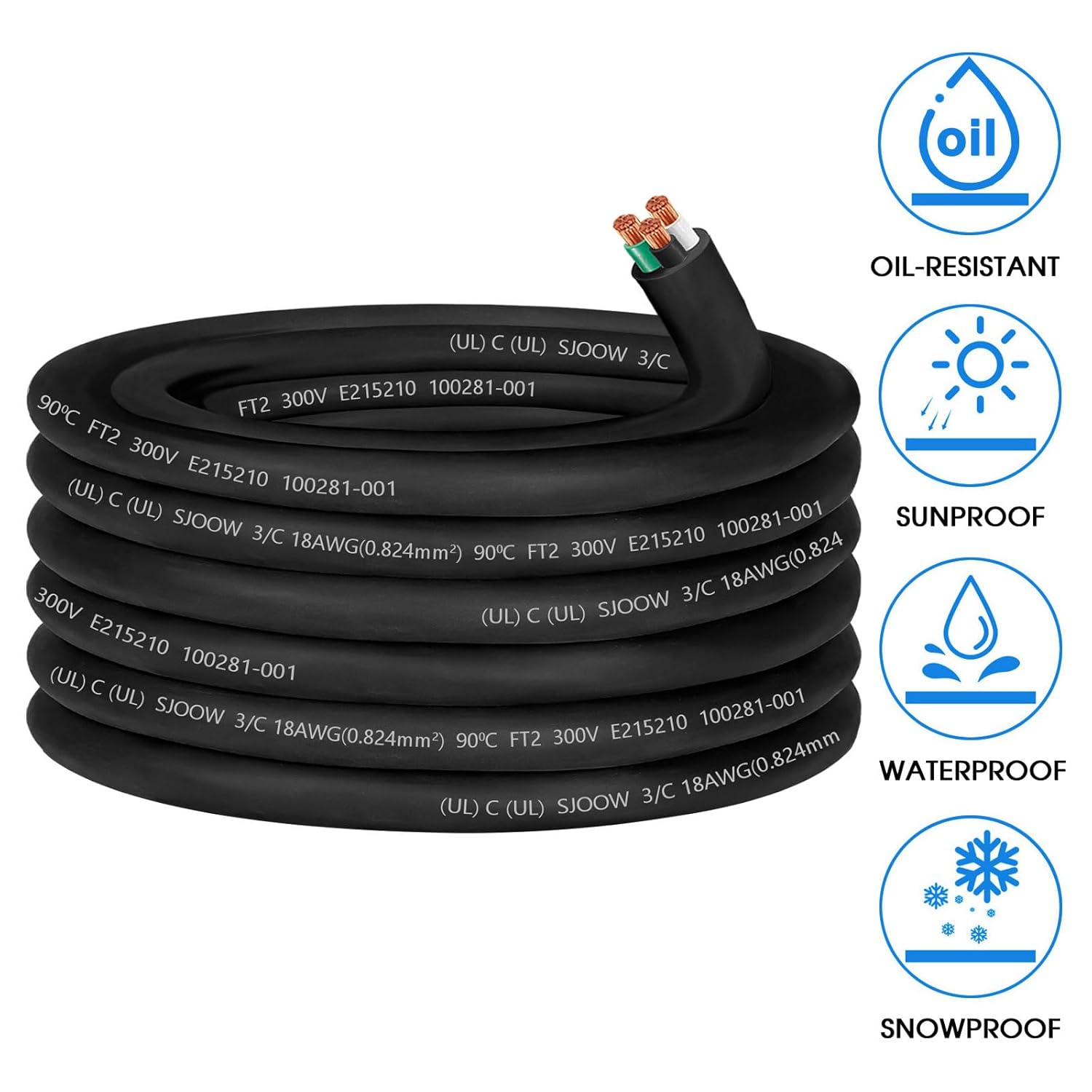 18/3 18 Gauge Wire SJOOW Wire 3 Conductor 18 Gauge Electric Portable Power Cable 300V 5A SJOOW Bulk Cable for Mini Split Air Conditioner HVAC/Heat Pump/Speaker Systems/Light/Trailer-50ft