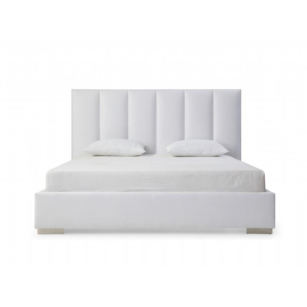 HomeRoots 55 x 72 x 87 in. Queen Size White Upholstered Channel Tufted Velvet Bed Frame