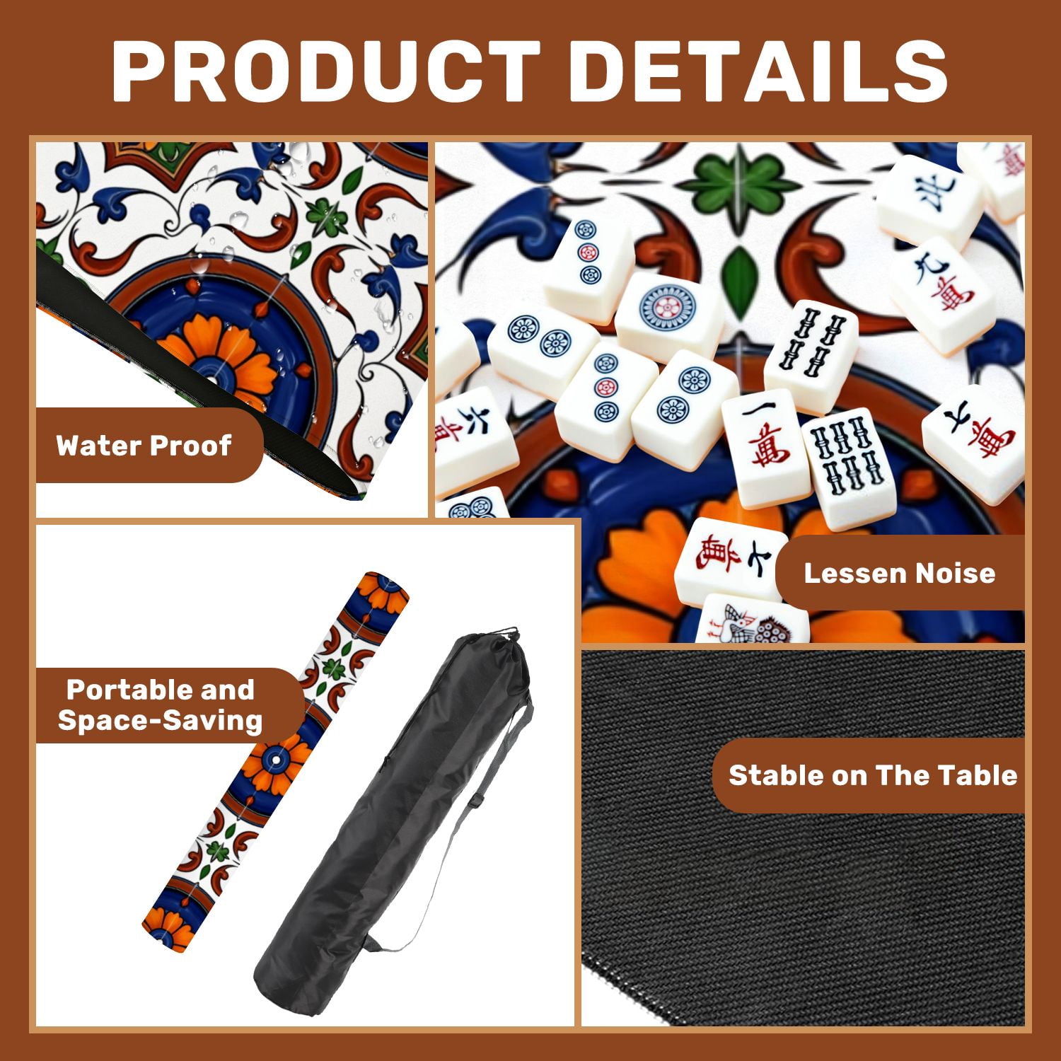 Mahjong Mat 31.5" x 31.5" Colorful Ceramic Tile Floral Ornamental Details Non-Slip Noise Reduction American Mahjong Tiles Table Cover for Dominoes Poker Card Board Games Gift