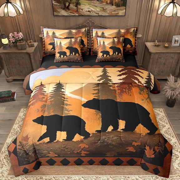 Homewish Wildlife Bear Twin Bedding Sets 7-Piece for Kids Teens,Jungle Animal Bedding Comforter Set Microfiber,Moutain Jungle Breathable Sheet Sets,Super Cozy Room Decor,Reversible