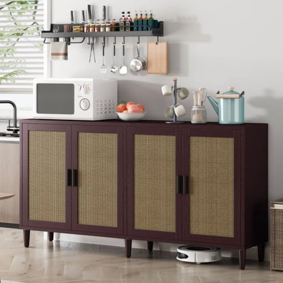 70" Rattan Buffet Cabinet Brown Solid Wood MDF 4-Door Sideboard with Adjustable Shelves for Dining Room Kitchen Living Room