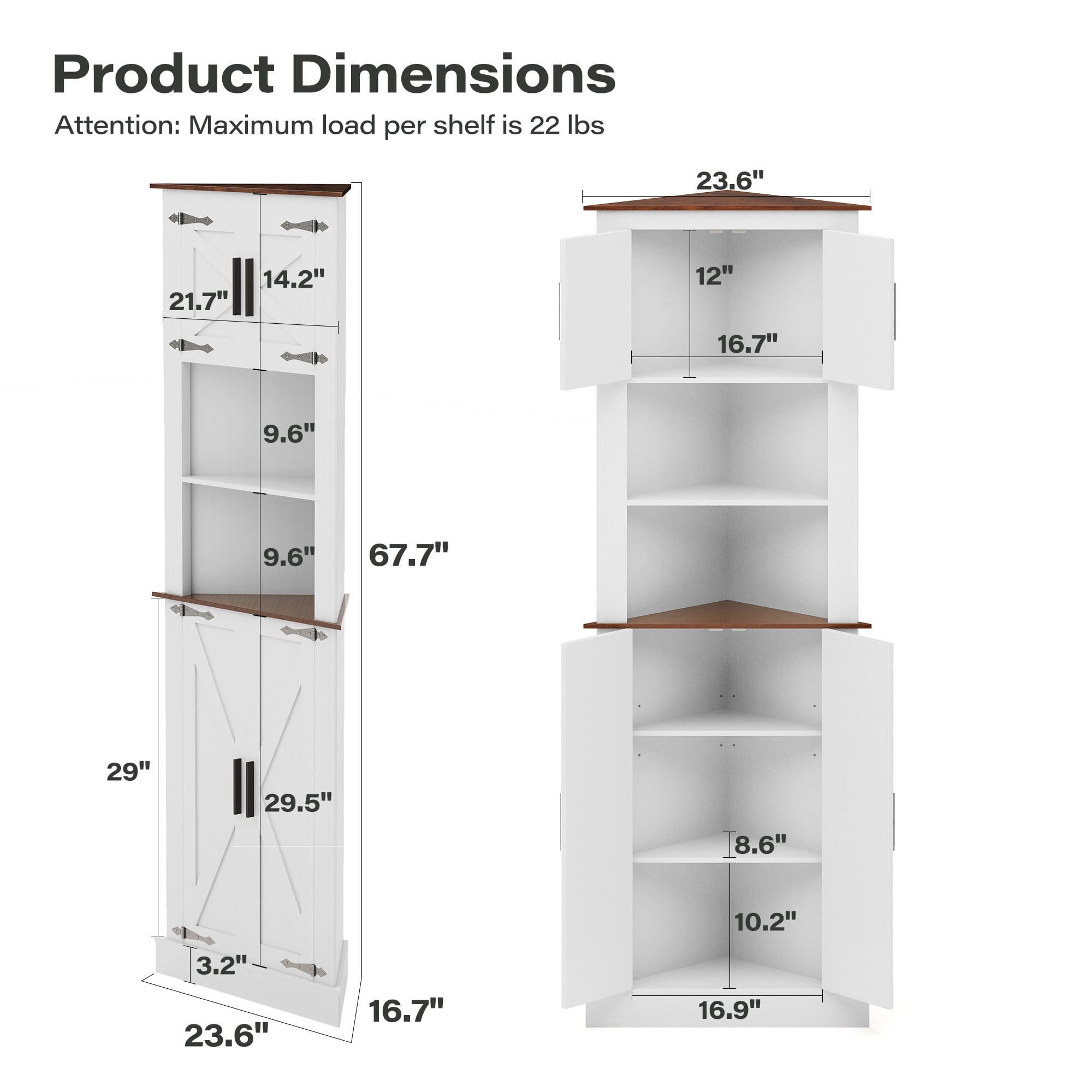 LAUSAINT HOME 67.7'' Tall Corner Cabinet, Corner Storage Cabinet with Barn Door Design & Adjustable Shelves, White