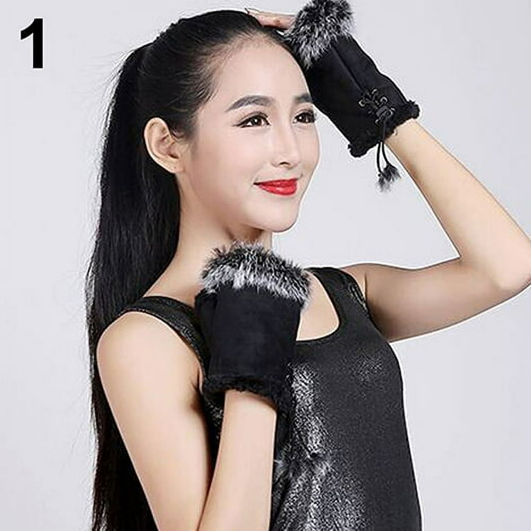 Farfi Women s Fashion Winter Warm Imitation Rabbit Hair Faux Leather Fingerless Gloves