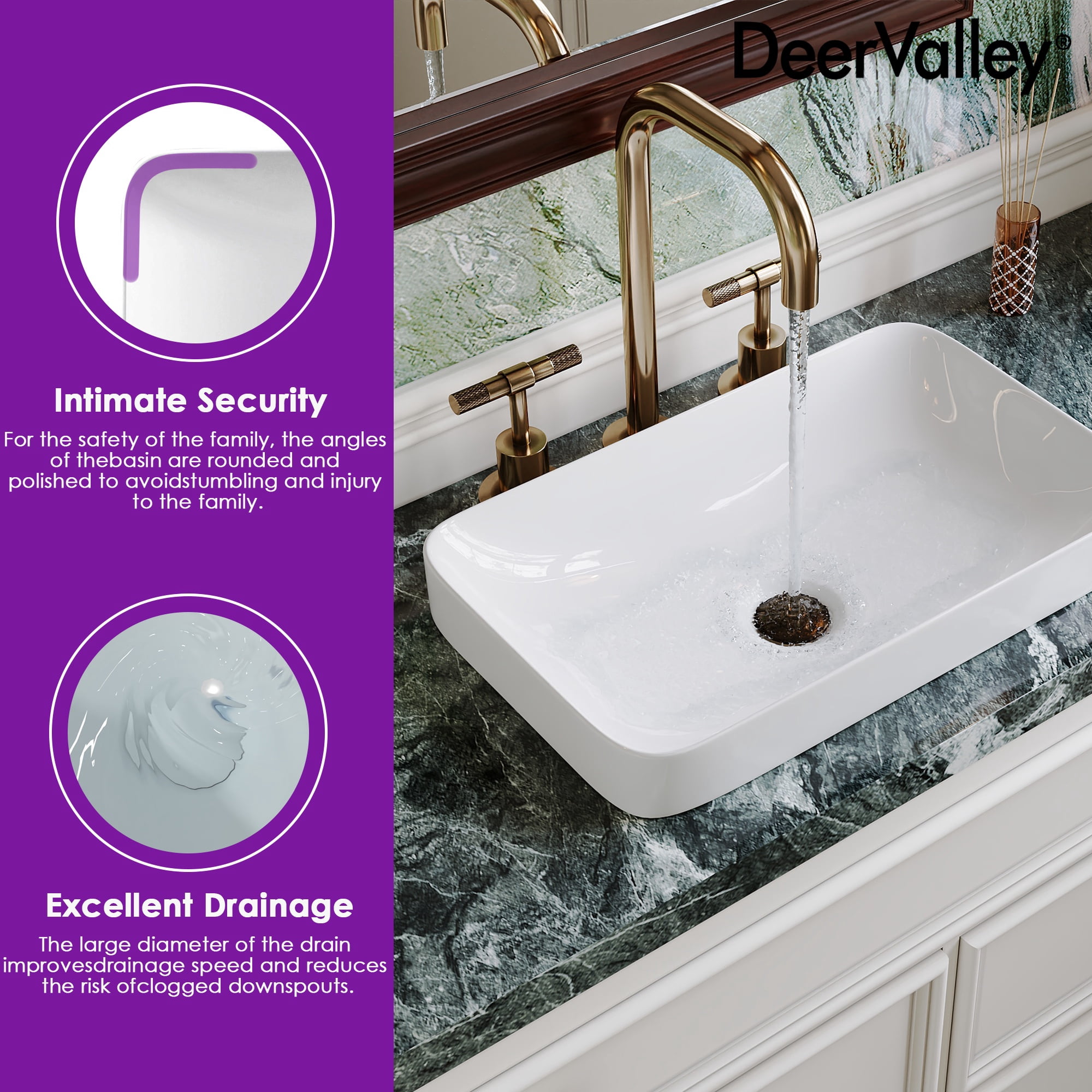 DV-1V0047 DeerValley Ally 19'' x 12'' Drop-In Bathroom Sink Semi-Recessed Vessel Sink Rectangular Above Counter Basin