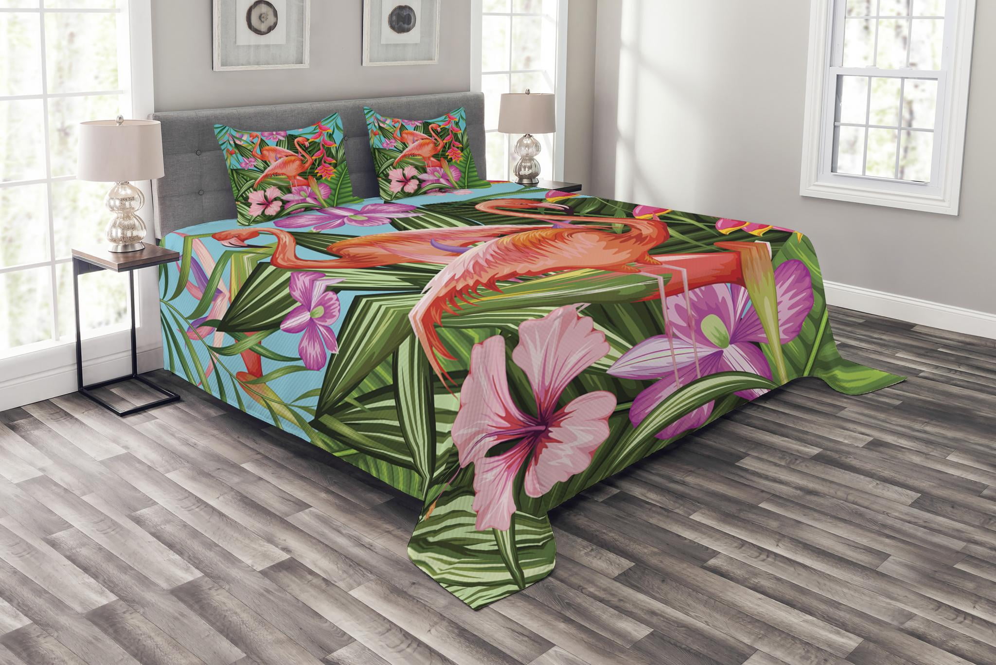 Quilted Coverlet Bedspread Flamingo with Tropical Palm Tree Garden Hibiscus Flower Plant Soft Cozy Microfiber Throw Blanket for Bed Couch or Sofa 64 X 88