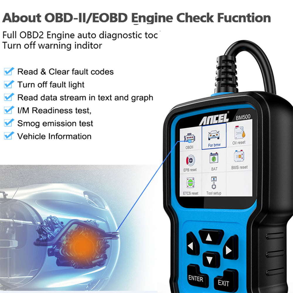 Check Engine/ABS/Airbag/TCM/Windows/Brake/4WD/HVAC Diagnostics with Battery CBS EPB ECT Reset/PCM Clear Adaptations /Mini/RR ANCEL BM500 All System OBD2 Scanner Car Diagnostic Tool for BMW 1984-2020 