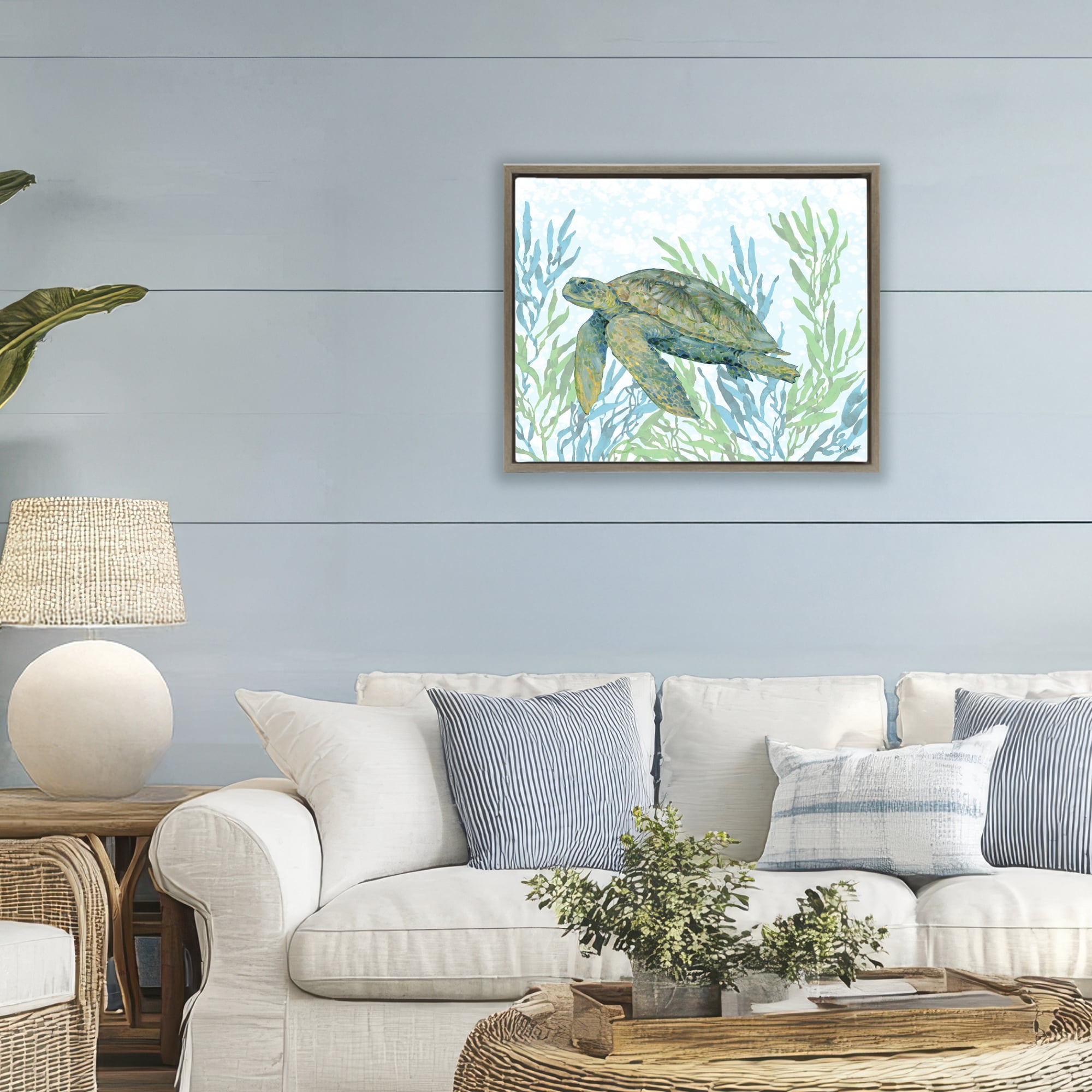 Stupell Industries Tasman Turtle in Seagrass Brown Framed Floater Canvas Wall Art, design by Paul Brent