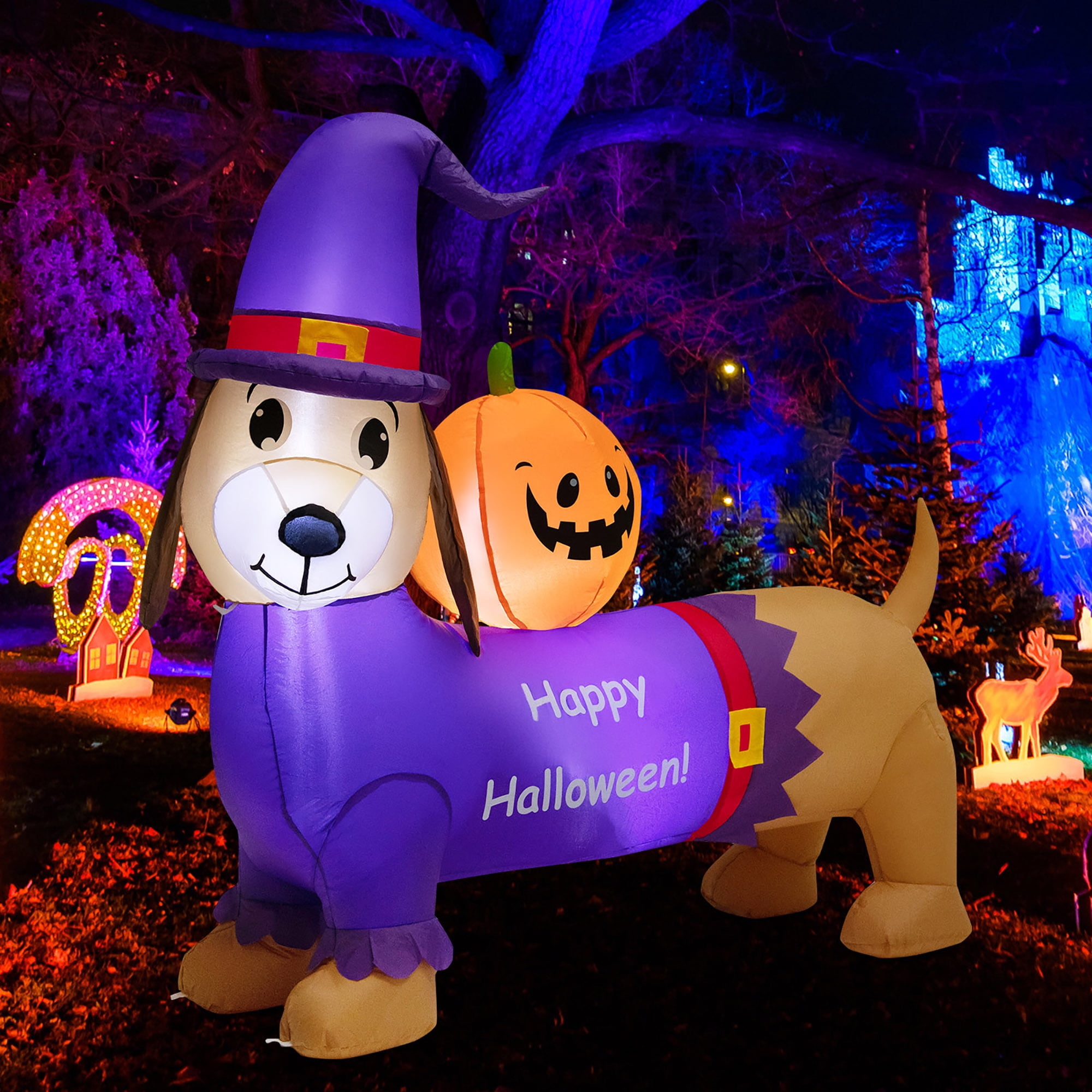 Gymax 5FT Inflatable Halloween Dachshund Dog & Ghost Pumpkin Holiday