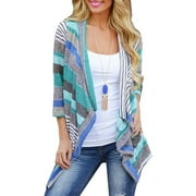 DEARCASE Womens 3/4 Sleeve Cardigans Striped Printed Open Front Draped Kimono Loose Cardigan
