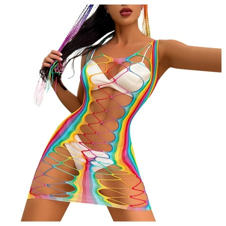 Yuhangmm  Hands Large Fishnet Rainbow Sheer Stripe Lingerie Dress Women s Summer Bikini Cover Up   plus Size Adult Women Lingerie