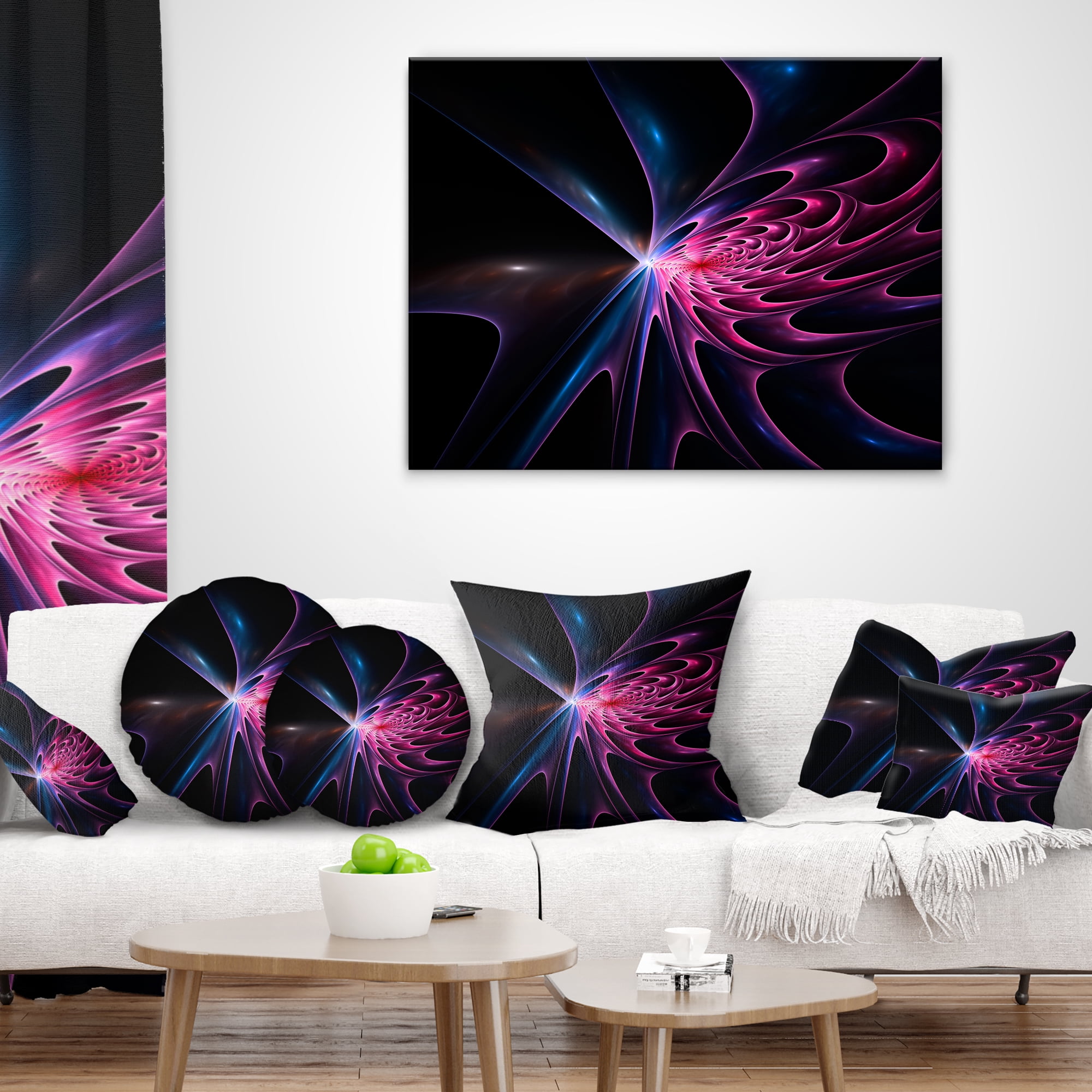 Designart Blue Fractal Light Art in Dark - Abstract Throw Pillow - 16x16