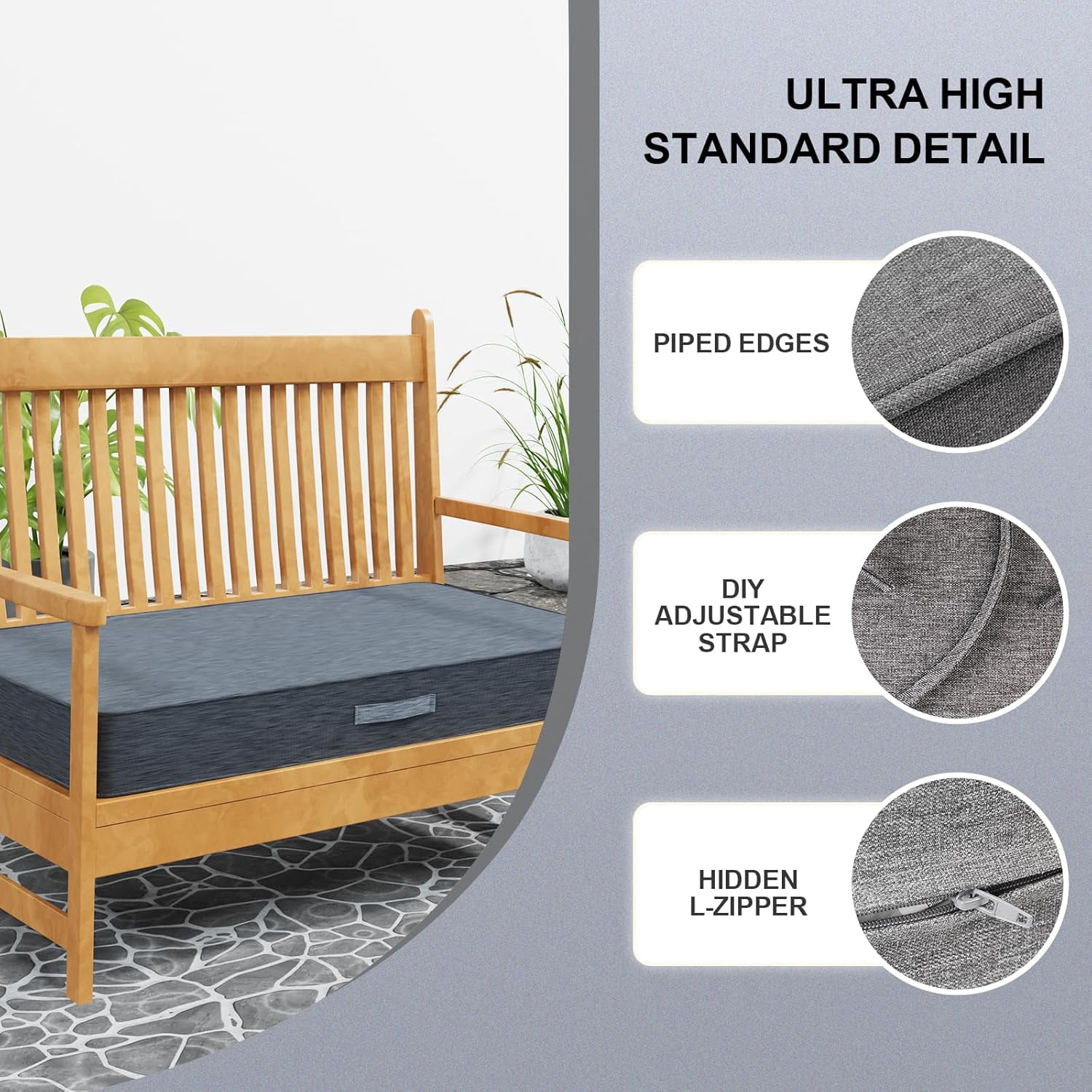 GKTG Outdoor Lounge Chair Cushion, 36" x 18" Gray Water-Resistant, Weather and Fade Resistant, Thickened Seat Pad with Handle and Adjustable Strap