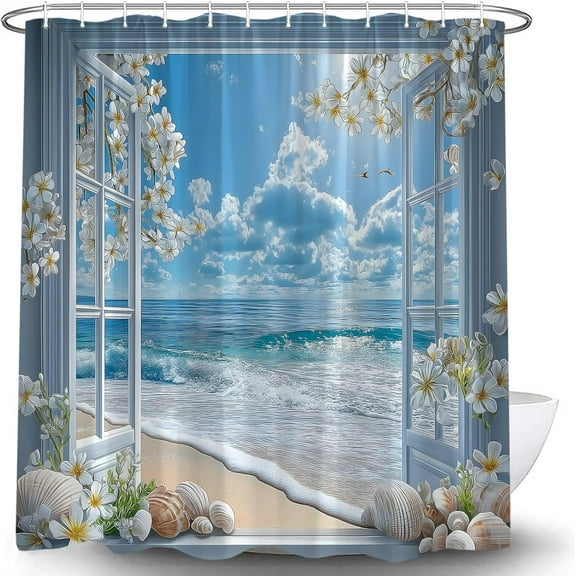 Beach Coastal Flowers Shower Curtain,Blue Ocean Floral Plants Nature Landscape Shower Curtain Set,Seashell Starfish Themed Shower Curtains Decor Bathroom Polyester Waterproof Hooks,72"W x 72"L
