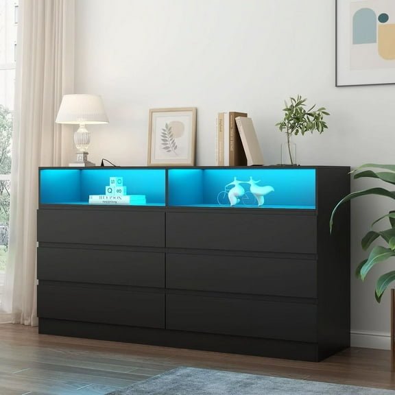 6-Drawer Double Dresser with Power Outlet and LED Light, Accent Chest of Drawers for Bedroom, Living Room, Black – STIKELY