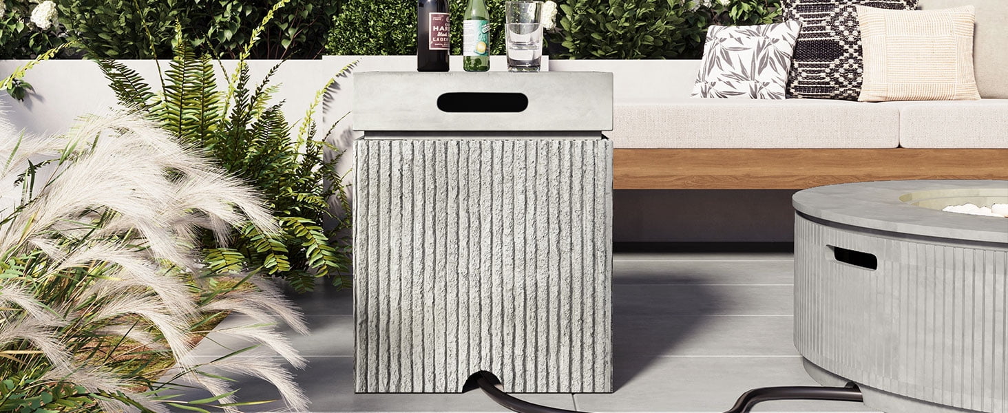 Mintazer 15.75" Outdoor Propane Tank Cover Table with Side Handles & Protective Cover, Side Table with Vertical Fluted Texture for Fire Pit Patio Backyard, No Assembly Needed, Gray