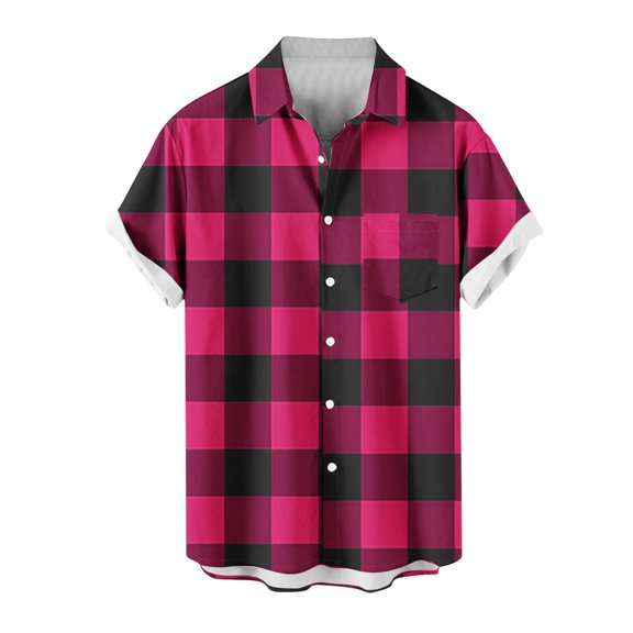 Zekutng T Shirts for Man Short-Sleeve Checkered Button-Down Cardigan with Collar,Sizes M-5XL