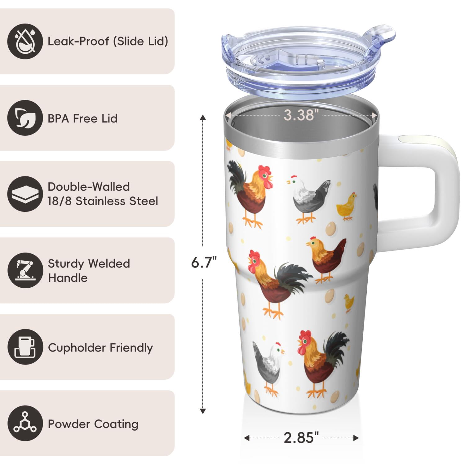 20oz Funny Chicken Tumbler with Handle Insulated Travel Mug Special Birthday Christmas Gift for Chicken Fans Women Men Cup Holder Friendly Durable Material Wide Mouth for Ice Office Home Daily Use