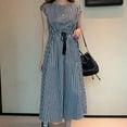 thumbnail image 3 of Ruyang Vintage Casual A Line Dresses Short Sleeves Loose O Neck Summer Cotton Linen Drawstring High Waisted Retro Dress Solid A Line Sundress for Women, 3 of 4