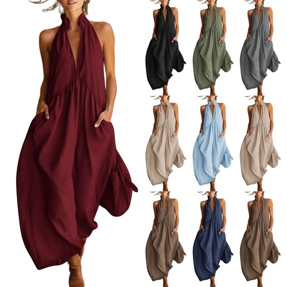 Favoffer Women's Deep V Neck Jumpsuit Sleeveless Loose Wide Leg Side Pocket Casual One Piece Outfit Fashion Daily Bottom for Party Indoor Leisure