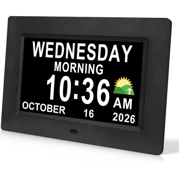 Digital Calendar Dementia Alarm Clock with Day and Date for Elderly - 15 Alarms 5 Colors Display Large Alzheimers Seniors (7in Black)