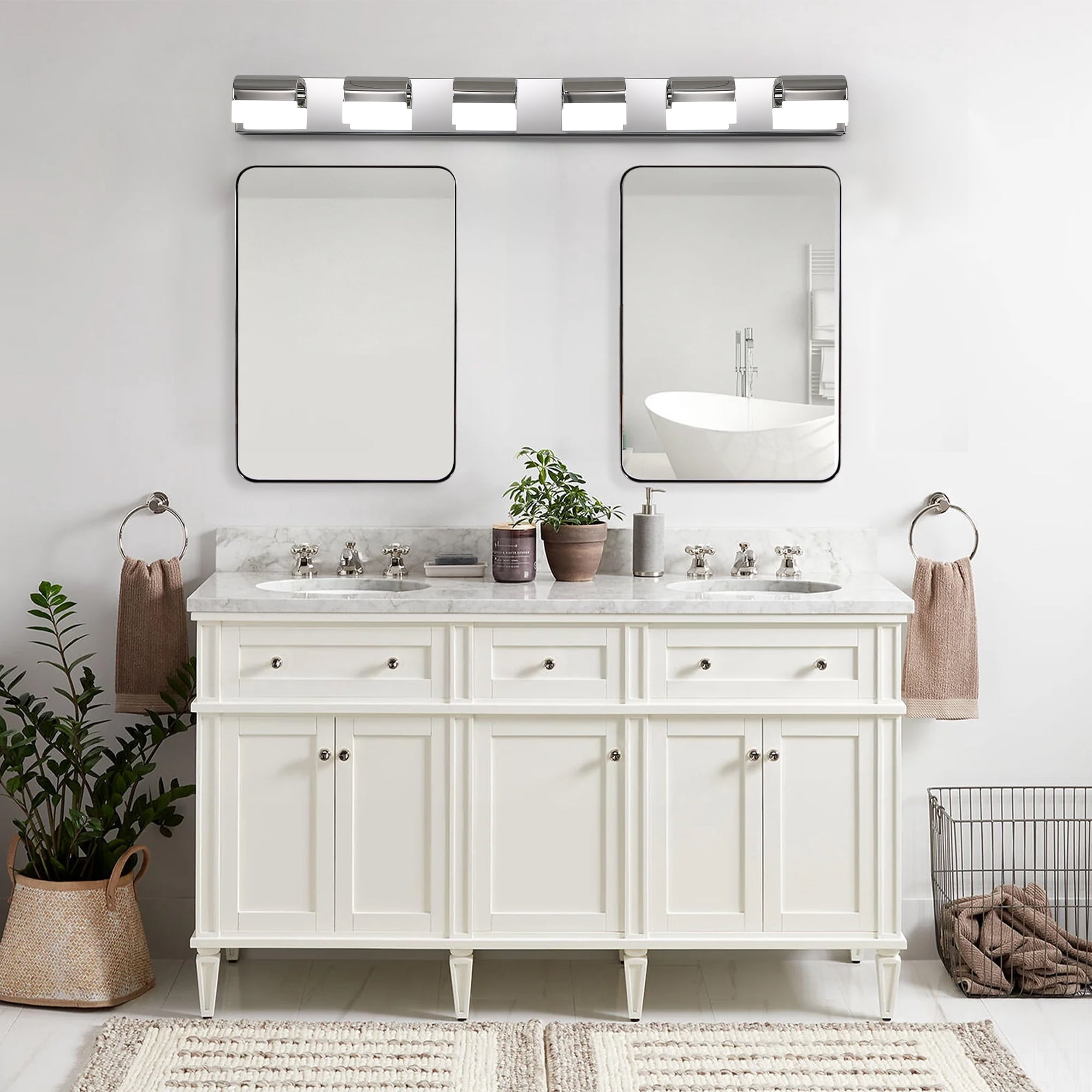 YANSUN 46.5 in Chrome Modern 6-Light LED Bathroom Vanity Light, 30W, Dimmable & 360° Rotatable, for Mirror, Shower, Dressing Room
