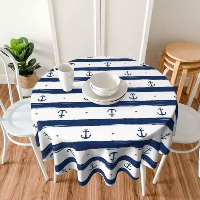 Nautical Navy Blue Striped Anchor Round Tablecloth 60 Inch, Decorative Holiday Home Party Table Cloth for Kitchen Dining Picnic Table Cover