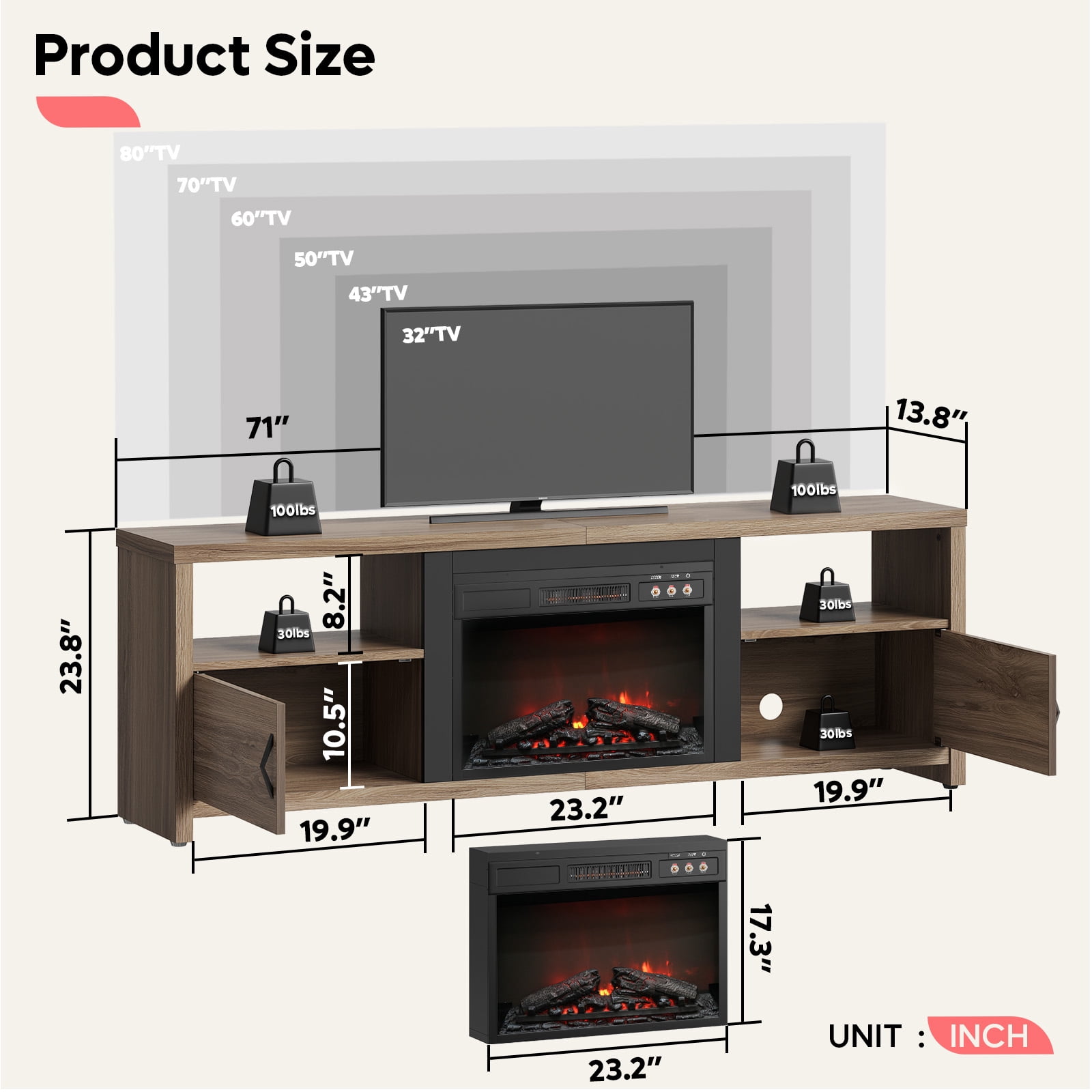 Bestier 71" Fireplace TV Stand for TVs up to 75" LED Entertainment Center with 23" Remote Control Electric Fireplace, Pinewood