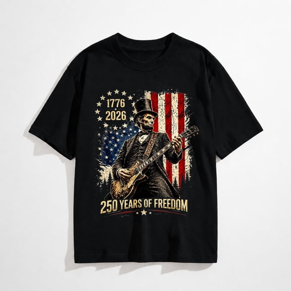 250 Years 1776-2026 USA Flag Abe Lincoln Playing Guitar T-Shirt