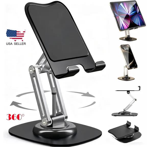 Cell Phone Tablet Stand for Desk, Aluminum Phone Holder with 360 Rotating Metal Base, Foldable Desktop Holder Compatible with iPhone 17 16 15 14 13 Pro Samsung All 4.7-10 inch Phones