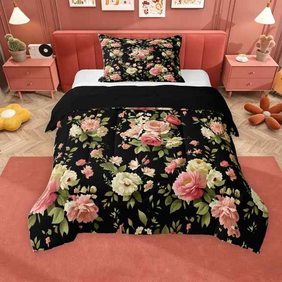 Erosebridal Chic Flower Twin Comforter Sets for Female, Black Bedding Set, Black Reversible, 2pcs