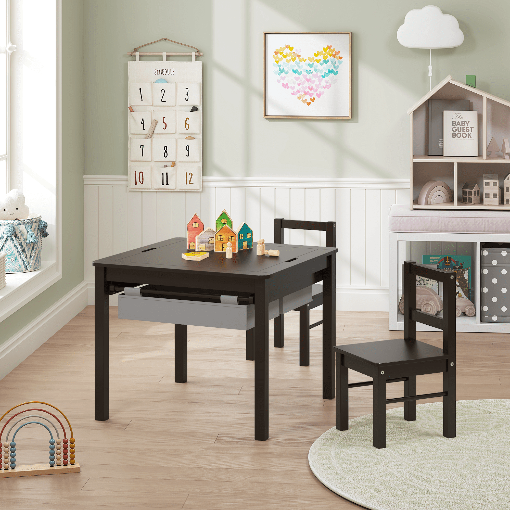 UTEX Wooden 2 In 1 Kids Construction Play Table and 2 Chairs set with Storage Drawers and Built In Broad, Espresso with Gray Drawer