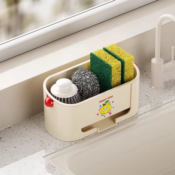 Escurridor de gran capacidad para fregadero de cocina con bandeja de desagüe extraíble - Organizador de esponja de plástico y almohadilla, blanco/verde/morado, 7,09x3,39x3,46 pulgadas