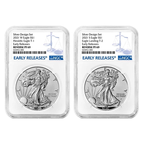 2021 Reverse Proof American Silver Eagle Designer 2pc Set NGC PF69 ER Blue Label
