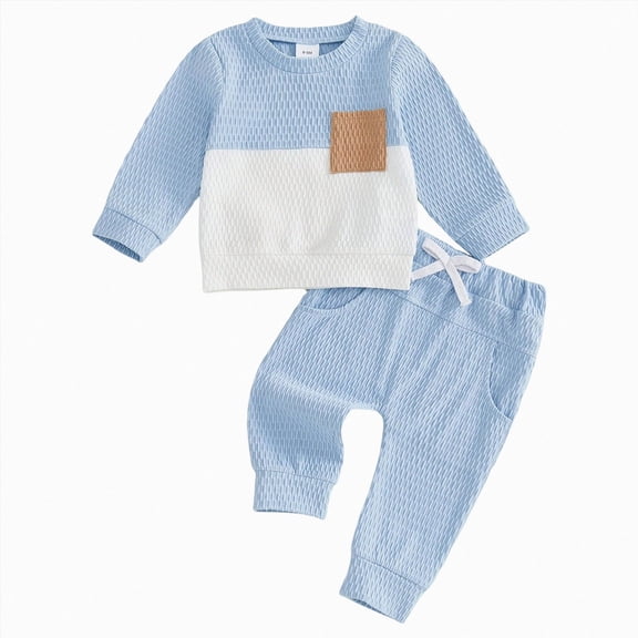 TOWED22 Baby Boy Clothes Fall Winter Outfits Waffle Long Sleeve Color Block Waffled Sweatshirt Pants 2Pcs Fall Clothing Set,Blue,12-18 M