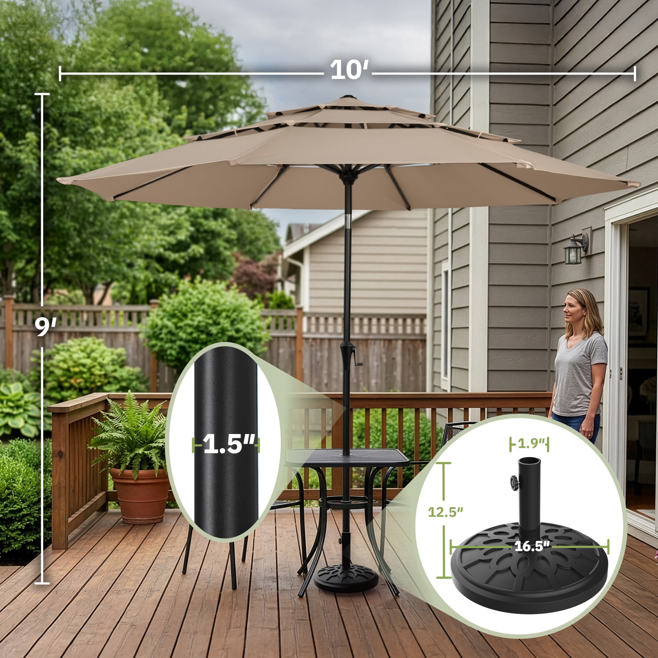 Pure Garden 10ft 3-Tier Umbrella for Patio Shade Canopy with 19lb Base, Khaki