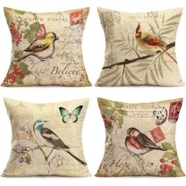 Set of 4 Farmhouse Decor Vintage Bird Standing On A Branch Accent Decorative Throw Pillow Case Cotton Linen Carte Postal Style Pillow Covers for Sofa Couch Decor 18x18 Inches (Carte Postal)