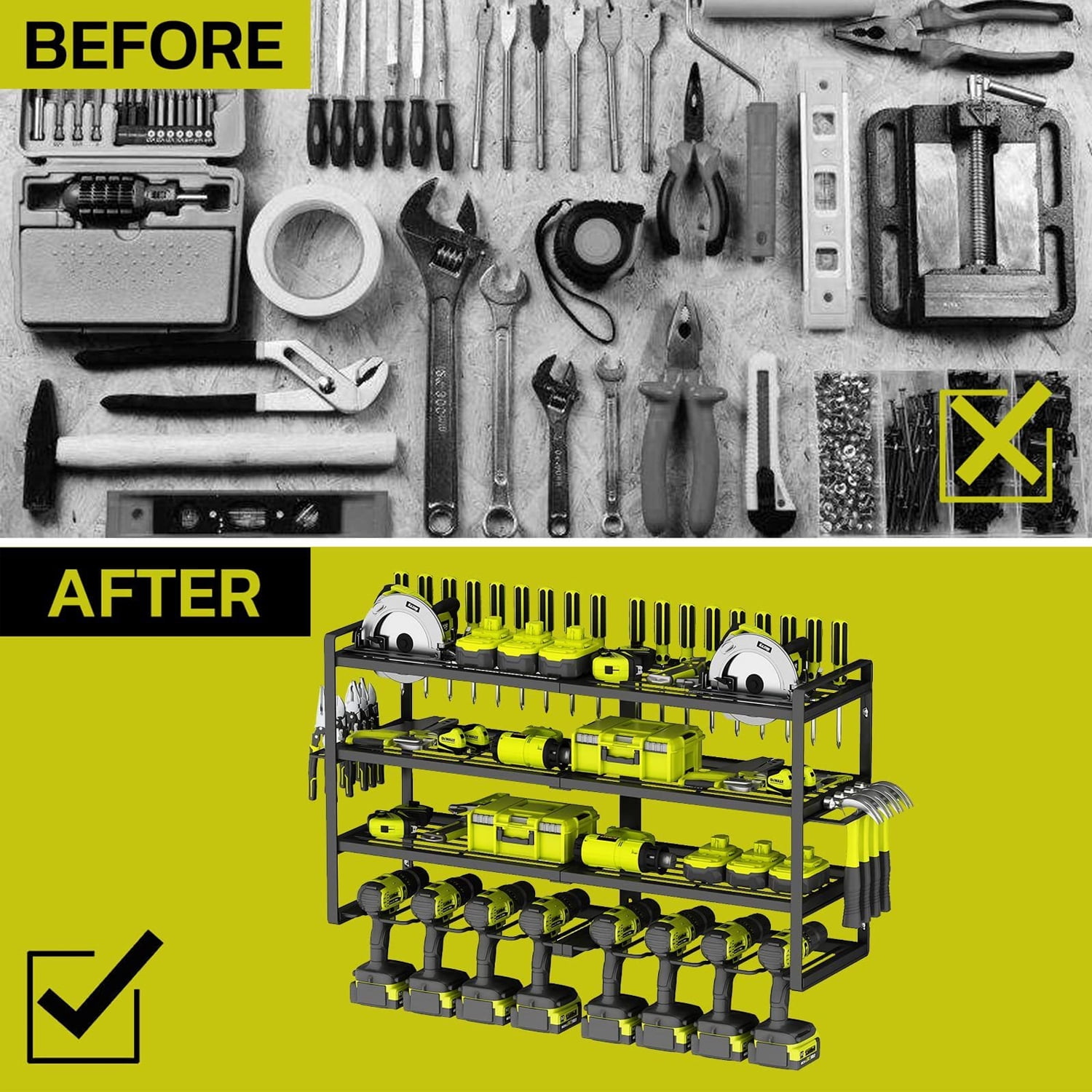Wall Mount Power Tool Organizer 8 Drill Holder,4 Layer Heavy Duty Metal Power Tool Storage Rack,Garage Tool Organizer and Storage with Screwdriver Holder/Plier Holder/Hammer Holder