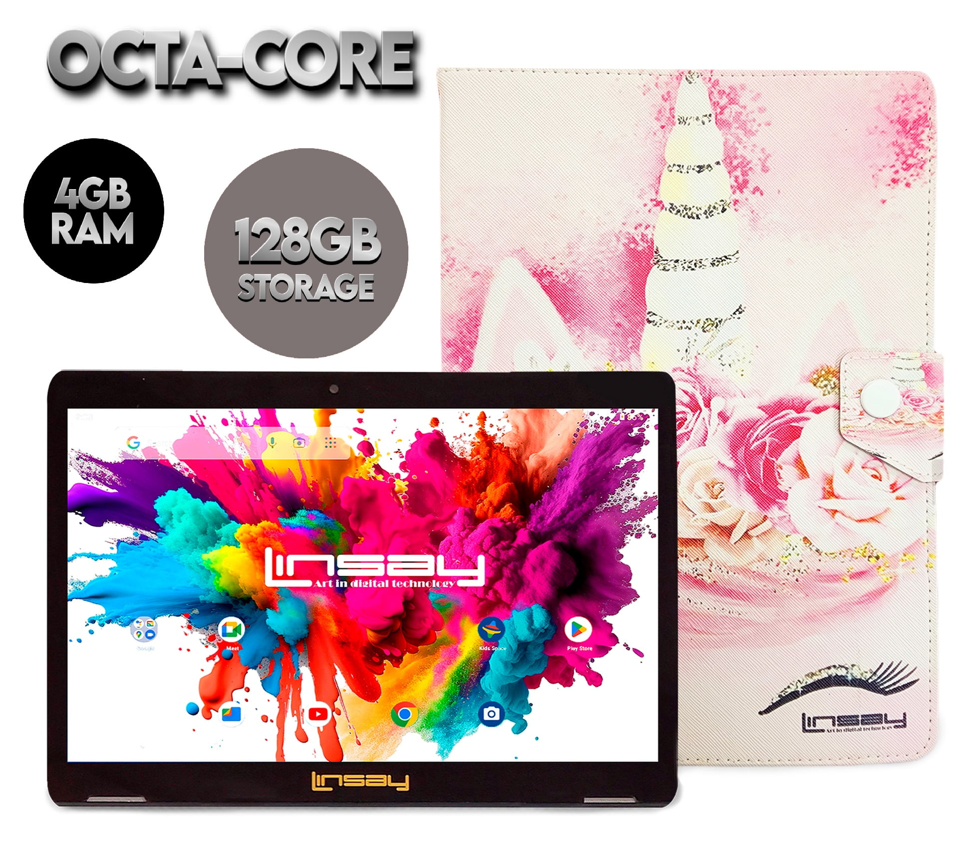 LINSAY Octa Core 4GB RAM 128GB Storage Android 13 Tablet with case Unicorn